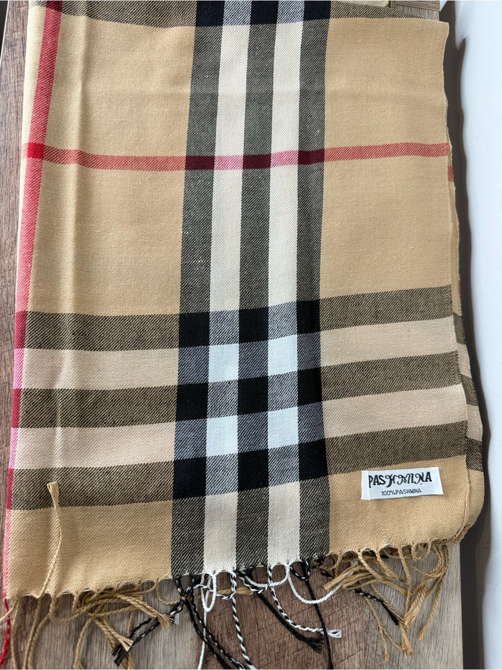 PASHMINA Wool Tan Plaid Scarf Wrap Shawl Burberry Pattern *Flaw - Picture 3 of 11